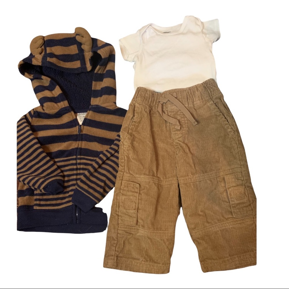 3 piece baby boy outfit, corduroy pants, fleece sweater, beige/blue baby boy
